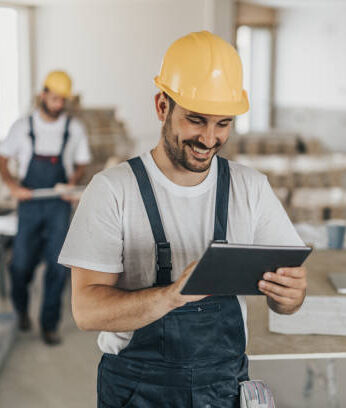 Ouvrier de construction avec un casque jaune consultant une tablette