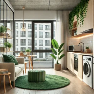 Un intérieur moderne de studio avec des caractéristiques éco-responsables. L'image montre un studio bien éclairé avec des plantes vertes, des appareils électroménagers économes en énergie et de grandes fenêtres laissant entrer la lumière naturelle. La décoration est minimaliste avec des meubles durables, soulignant un espace de vie confortable et énergétiquement efficace.