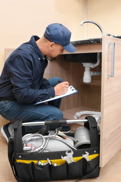 Plumber with set of tools and clipboard in kitchen