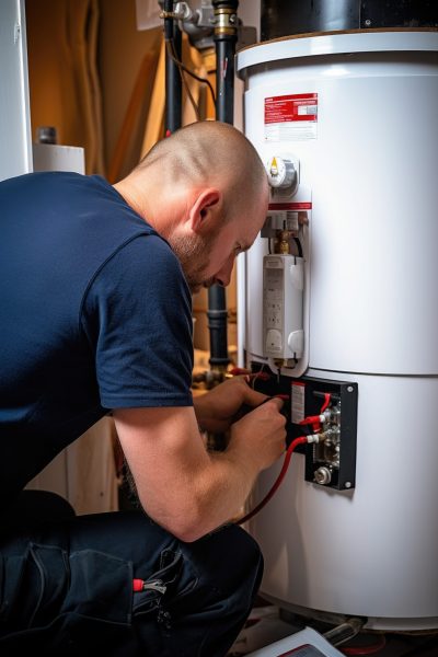 A man is shown working on a hot water heater. This image can be used to depict plumbing repairs or maintenance.