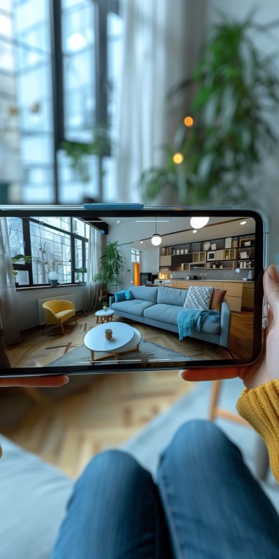 Person holding a tablet, viewing a modern and cozy living room with stylish furniture and large windows through augmented reality.